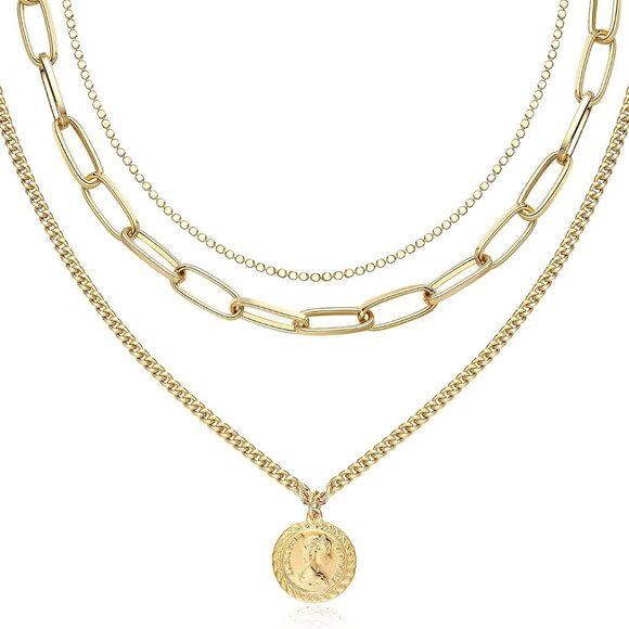 Jewelry - Gold Layered Necklace for Women, 14K Gold Plated Coin Cross Pendant Necklace Chu